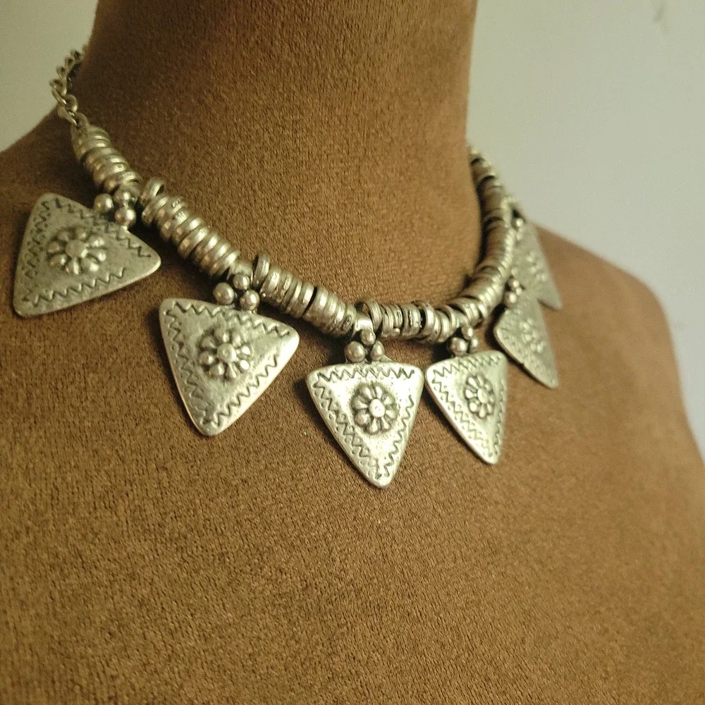 Silver Tone Tribal Triangle Charm Coin Choker Necklace Adjustable Size EthnoCore